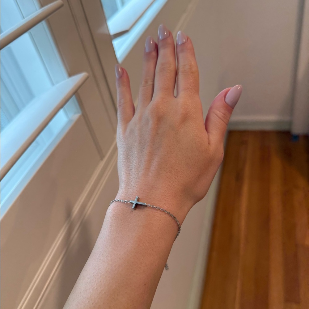 Minimalist Sterling Silver Cross Bracelet Dainty Christian - Picture 4 of 5